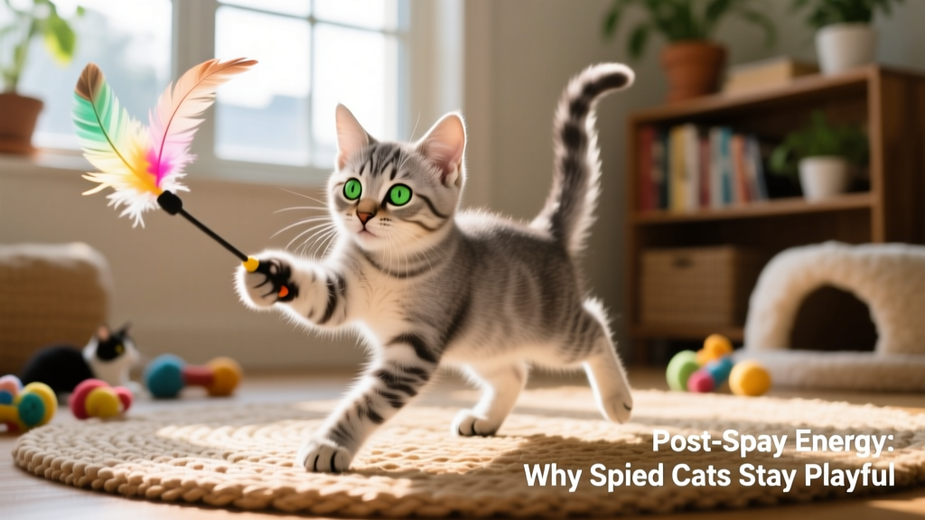 A playful spayed kitten chasing a feather wand toy, demonstrating continued energy and curiosity