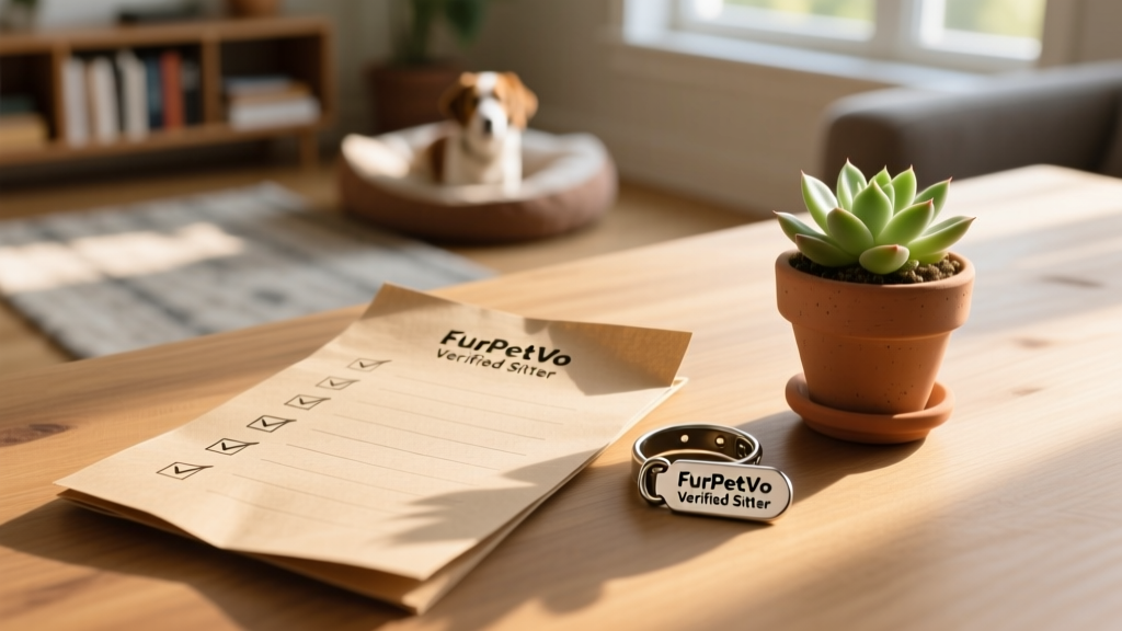 A clean, minimalist checklist printed on recycled paper, laid beside a collar tag engraved with 'FurPetVo Verified Sitter' and a small potted succulent