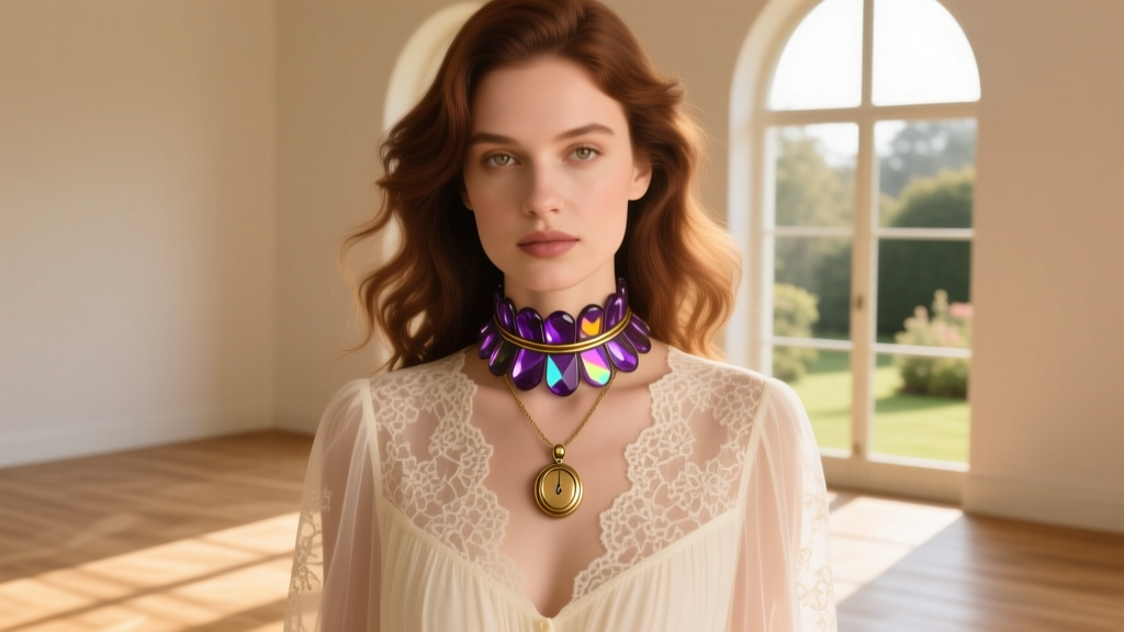 Woman wearing a layered amethyst carnival glass choker and long brass locket, styled with a vintage lace blouse in a sunlit room.