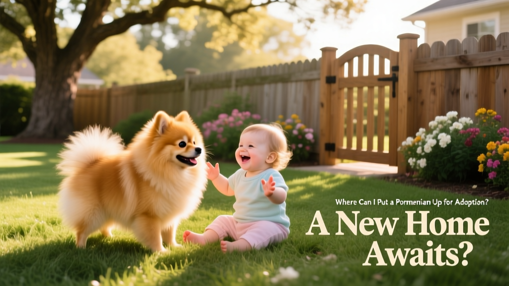 A happy Pomeranian playing gently with a child in a fenced backyard, illustrating a safe, joyful new home environment