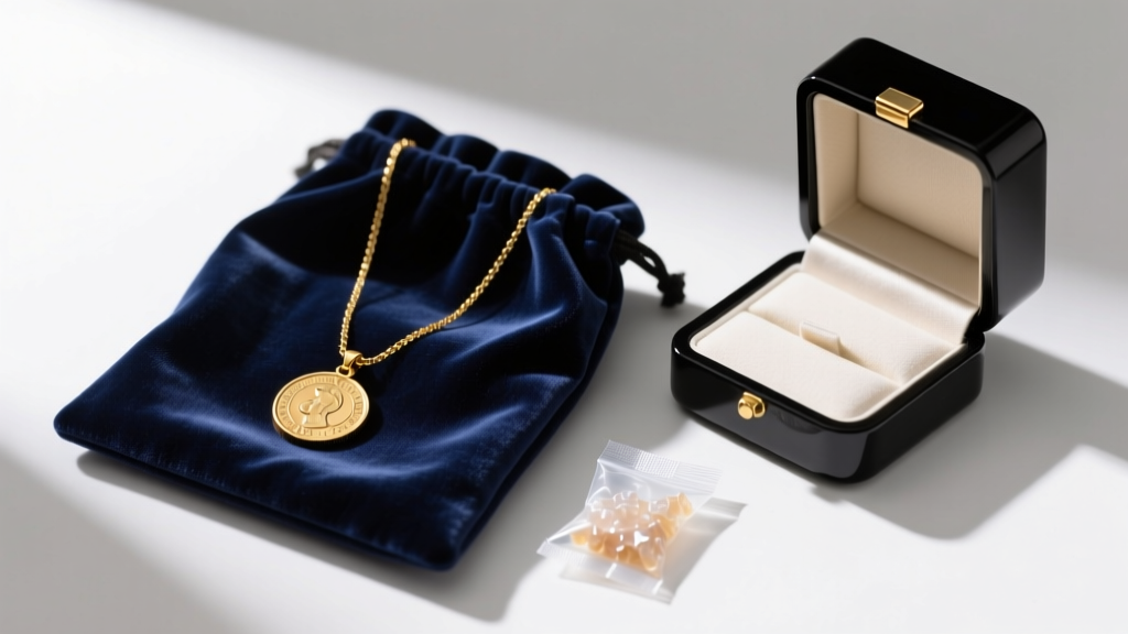 A gold necklace with coin pendant stored inside a dark velvet anti-tarnish pouch next to a silica gel packet and jewelry box