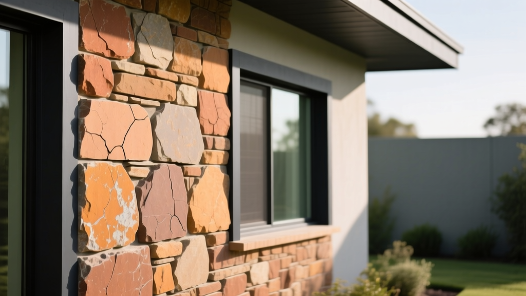 Close-up of rustic Country Rubble Eldorado stone veneer in warm earth tones applied to a modern exterior home facade with dark trim
