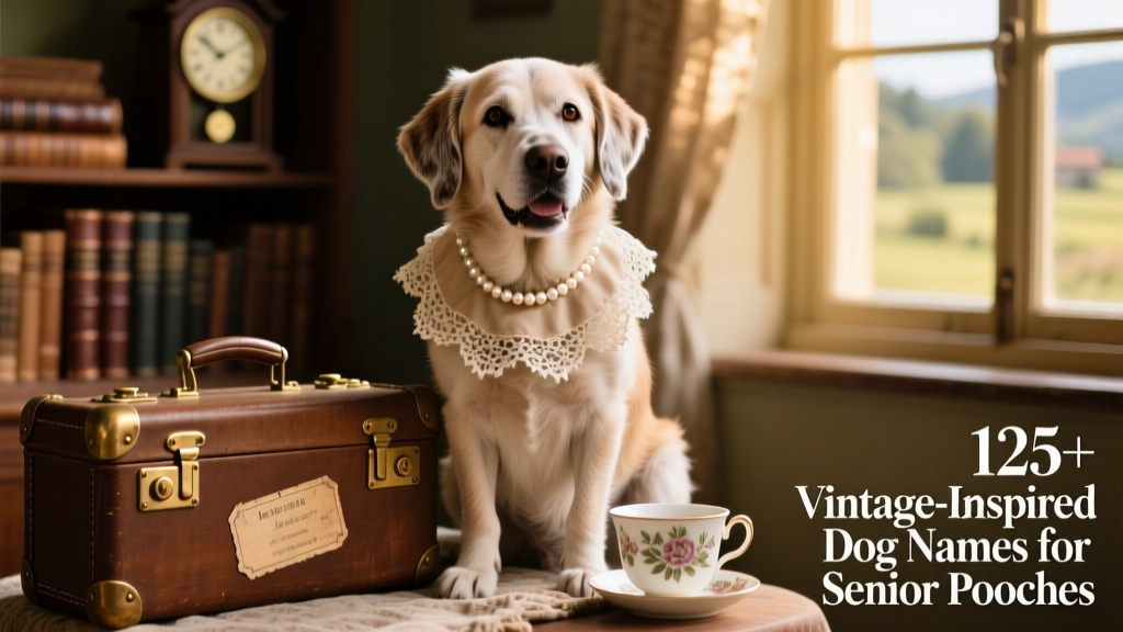 A joyful senior dog wearing a tiny pearl necklace and lace collar, sitting beside a vintage suitcase and teacup