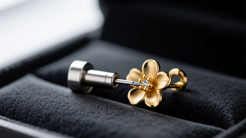 Macro photography of a titanium earring post laser-welded to a 14k gold floral dangle component resting on a dark velvet surface.