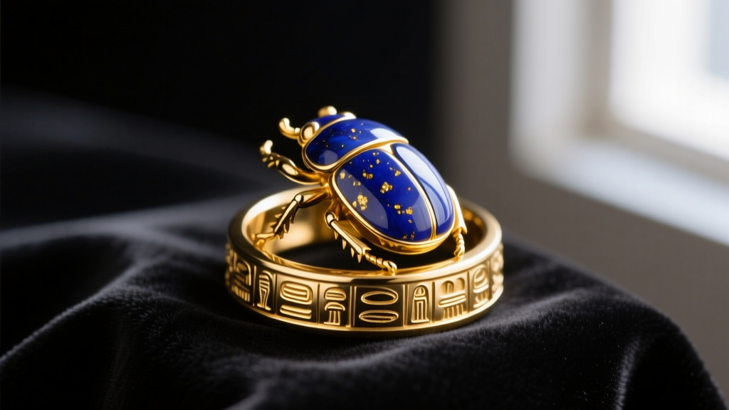 Close-up of a 22k gold and lapis lazuli scarab beetle ring on dark velvet, showcasing intricate hieroglyphic carving on the base