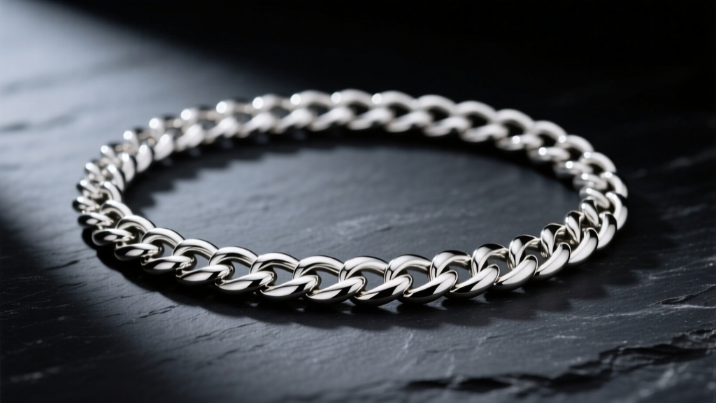 Thick 10mm solid 925 sterling silver Cuban link chain resting on dark slate, illuminated by dramatic directional studio lighting