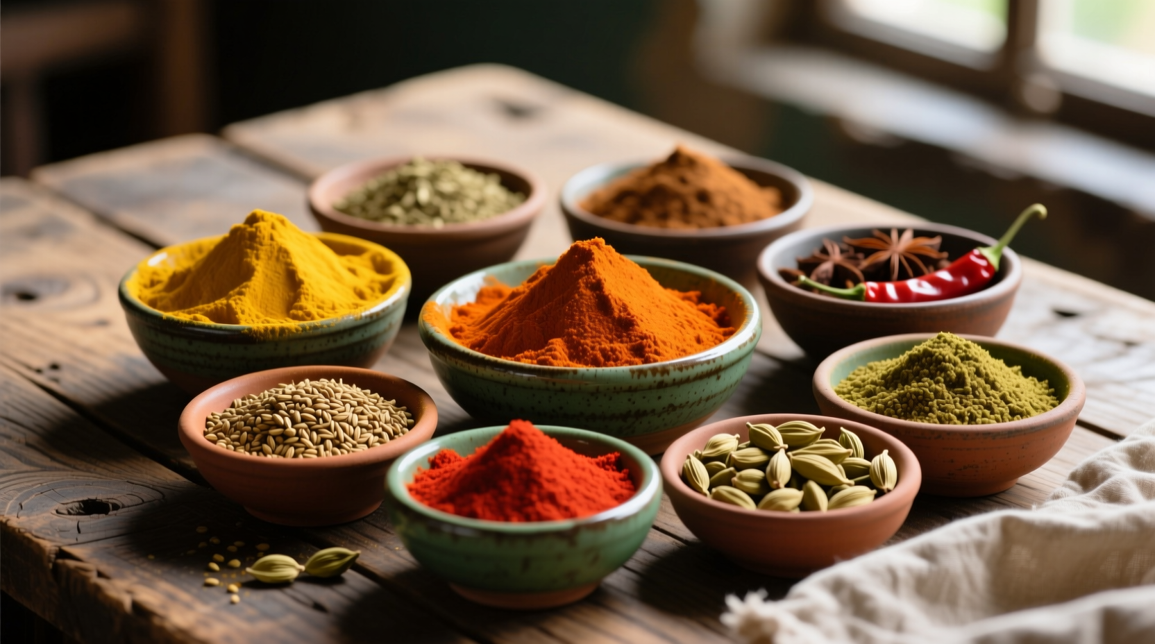 Colorful assortment of curry spices in bowls