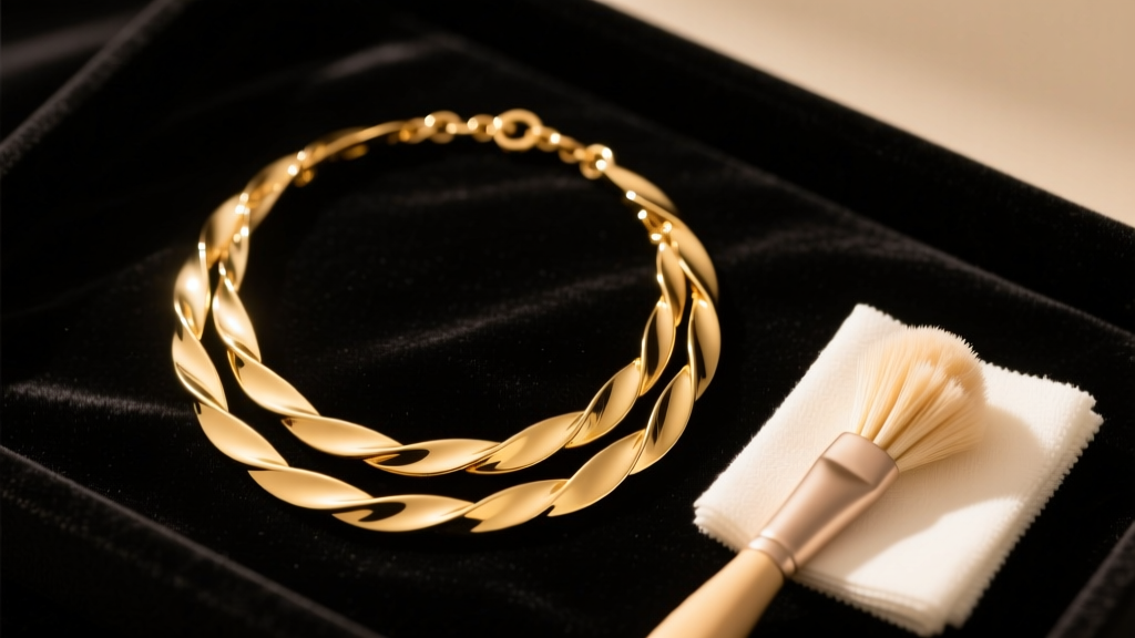 Gold vermeil layered necklace set on dark velvet beside a soft cleaning brush and microfiber cloth, lit by warm studio lighting