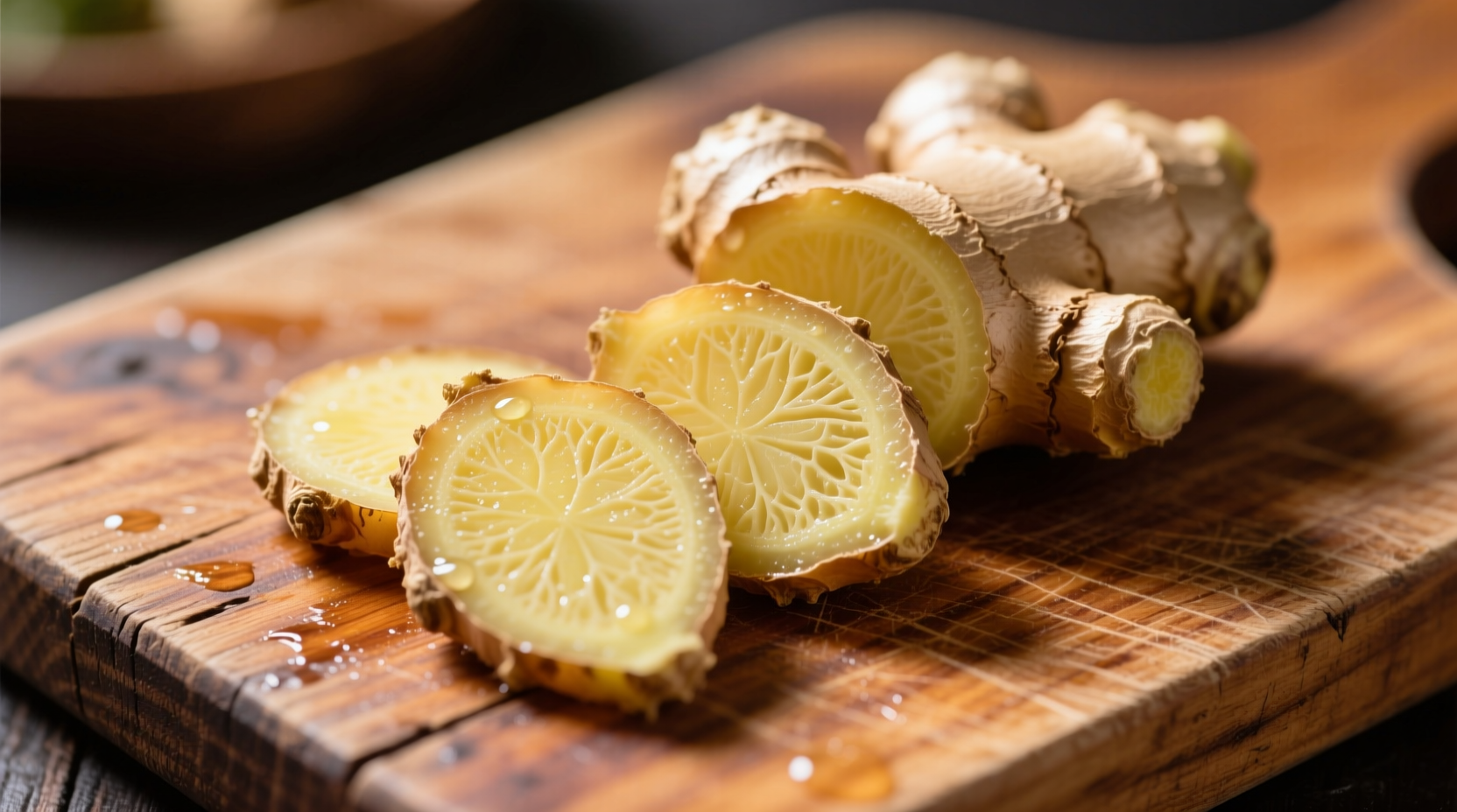 Fresh ginger root slices showing fibrous texture on wooden board