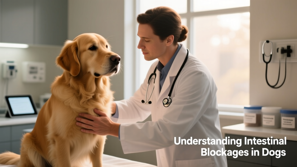 Veterinarian gently examining a dog’s abdomen during a clinical exam