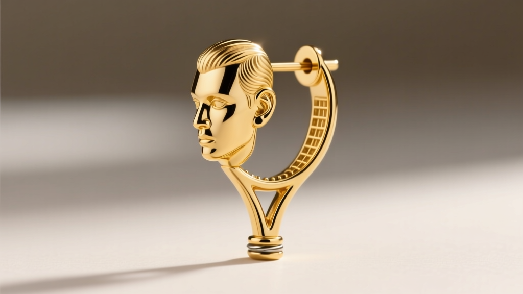 Side view of a gold tennis racket earring showing a reinforced solder joint stopping the heavy head from drooping on the earlobe