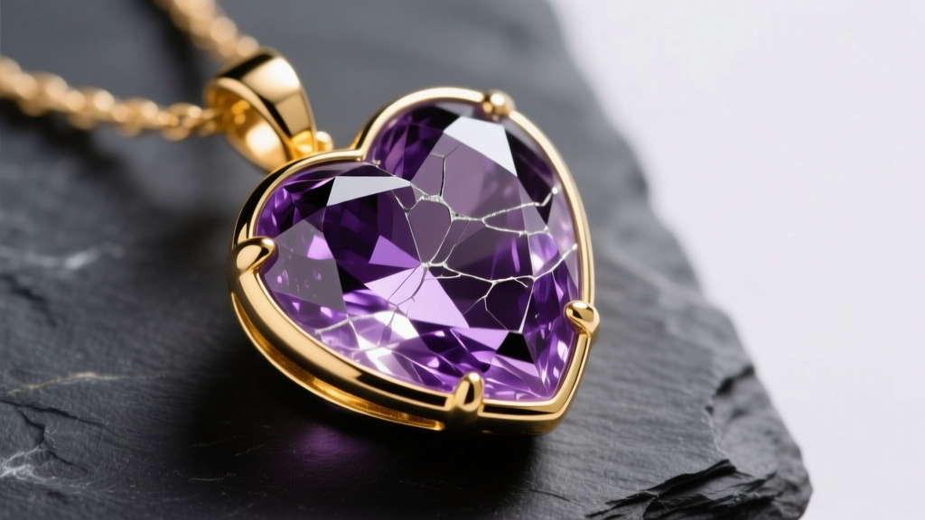 Close-up of a cracked natural amethyst heart pendant set in 14k yellow gold, resting on dark slate under soft macro lighting.