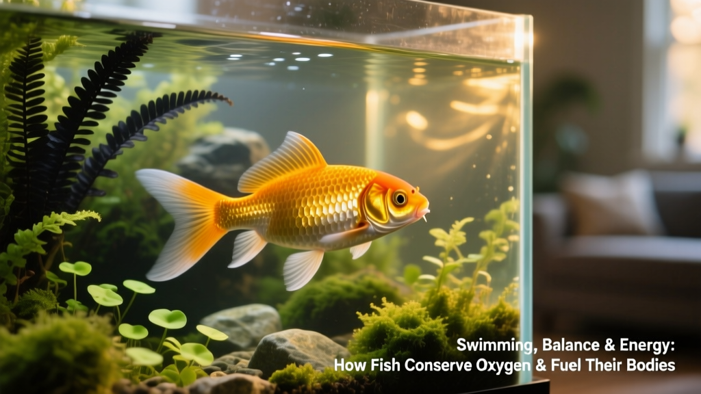 Side view of a healthy goldfish swimming smoothly in a well-planted freshwater aquarium