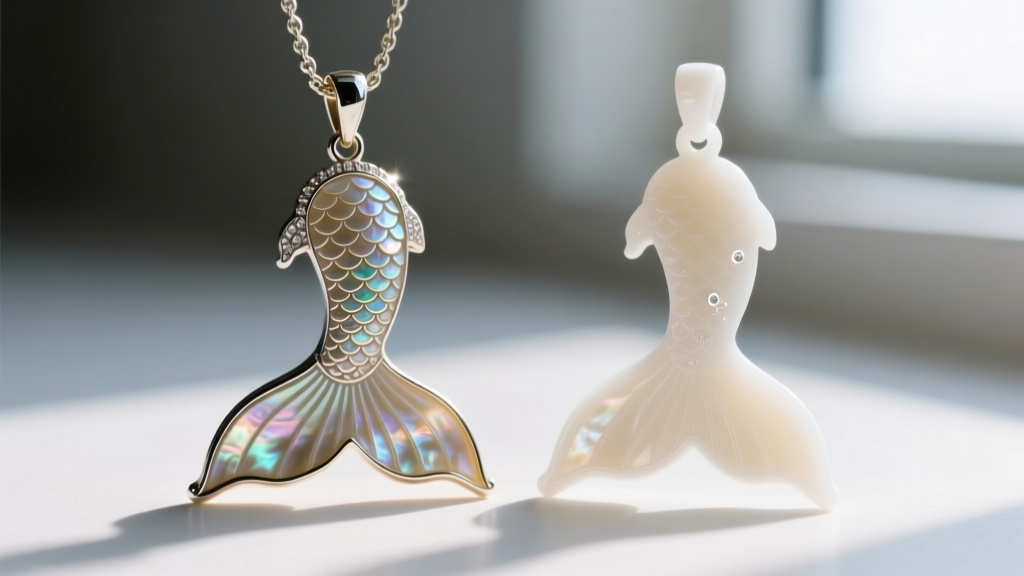 Macro photography comparing genuine mother-of-pearl mermaid tail pendant with synthetic resin replica, highlighting edge details