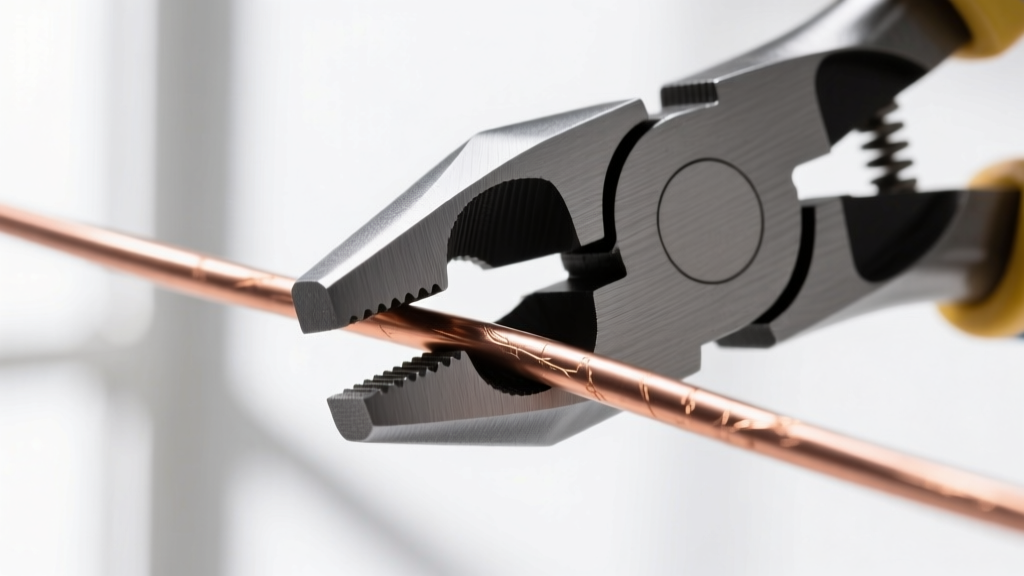 Close-up of carbon steel chain-nose pliers gripping 20-gauge copper wire, highlighting precision-milled inner box joint jaws.