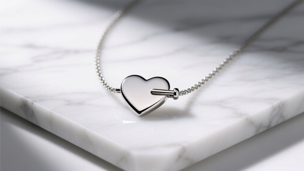 Titanium heart toggle necklace on white marble, showing lightweight scratch-resistant texture and modern minimalist clasp design.