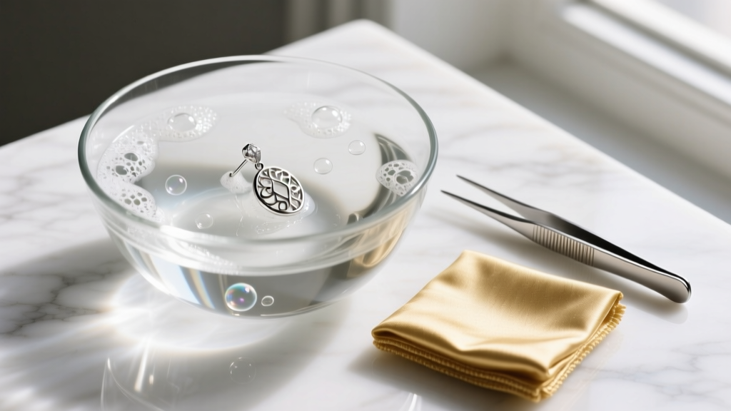Glass bowl with soapy water cleaning a silver earring, next to a gold polishing cloth and tweezers on a white marble surface.