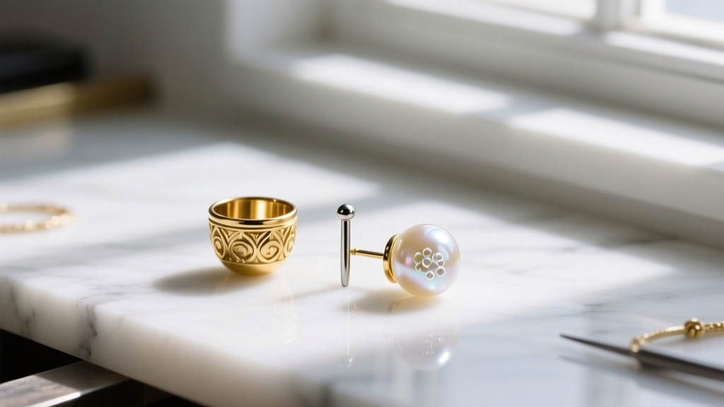 Jeweler workbench showing a disassembled pearl stud earring, highlighting the gold cup, titanium post, and clear jeweler epoxy