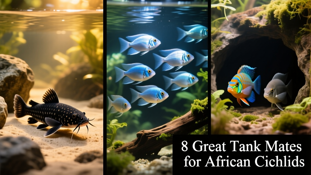 Side-by-side comparison showing compatible tank mates: a synodontis catfish near rocks, giant danios schooling mid-tank, and a kribensis pair near a cave entrance