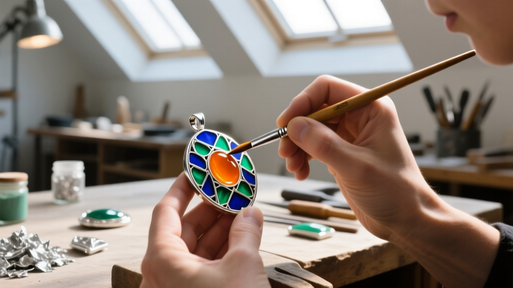 Jeweler applying vibrant cold enamel resin to a sterling silver champlevé pendant with a fine brush in a brightly lit workshop.