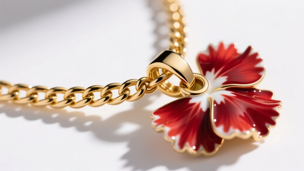 Close-up of a 14k gold wheat chain threading through a reinforced hidden bail on an enamel carnation necklace, showing the clasp.