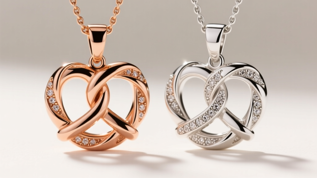 Macro of 14k rose and 18k white gold pretzel pendants side by side, showing color contrast and rhodium wear on twisted edges.