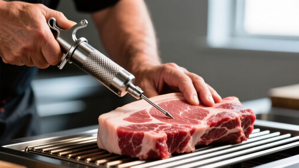 Close-up of a pitmaster using heavy-duty stainless steel meat injector on a raw pork shoulder next to hard-anodized aluminum grill grates