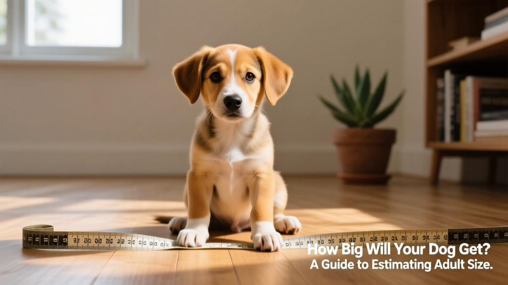 A curious mixed-breed puppy sitting on a measuring tape with paws slightly splayed