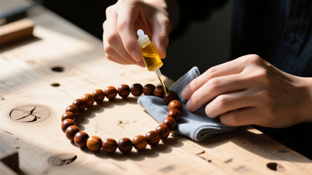 Hands applying mineral oil to a rosewood bead necklace using a soft microfiber cloth, close-up shot on a rustic wooden workbench