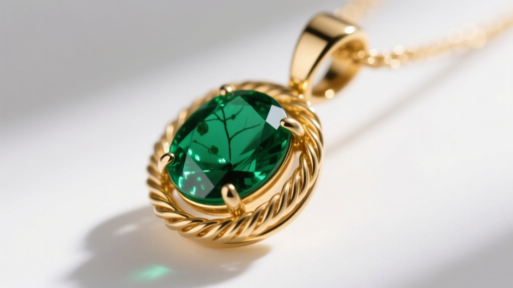 Side profile of an 18k gold pendant setting highlighting the thick protective gallery wire surrounding a fragile emerald cabochon