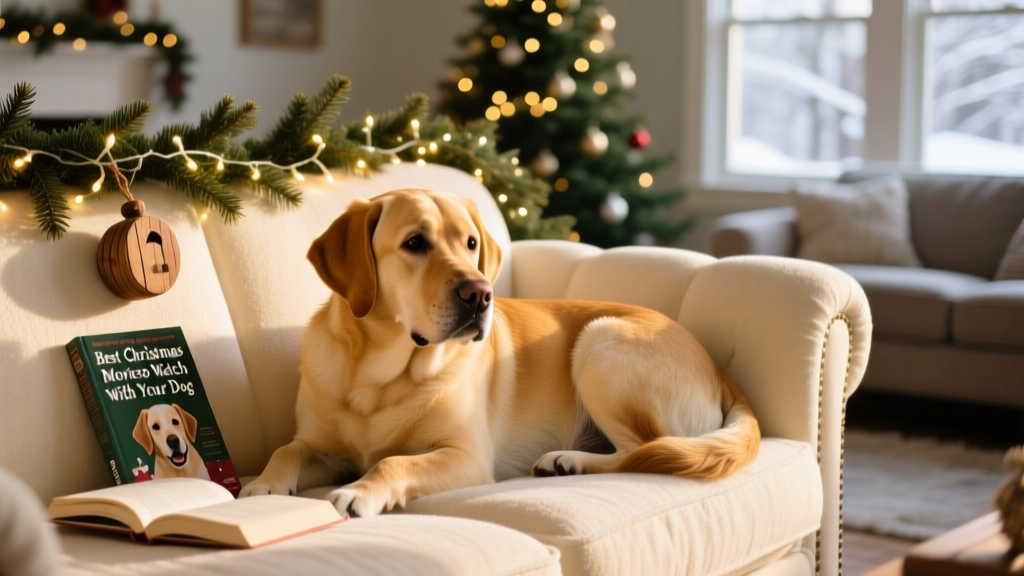 Golden Labrador curled up on a cozy couch beside holiday decorations
