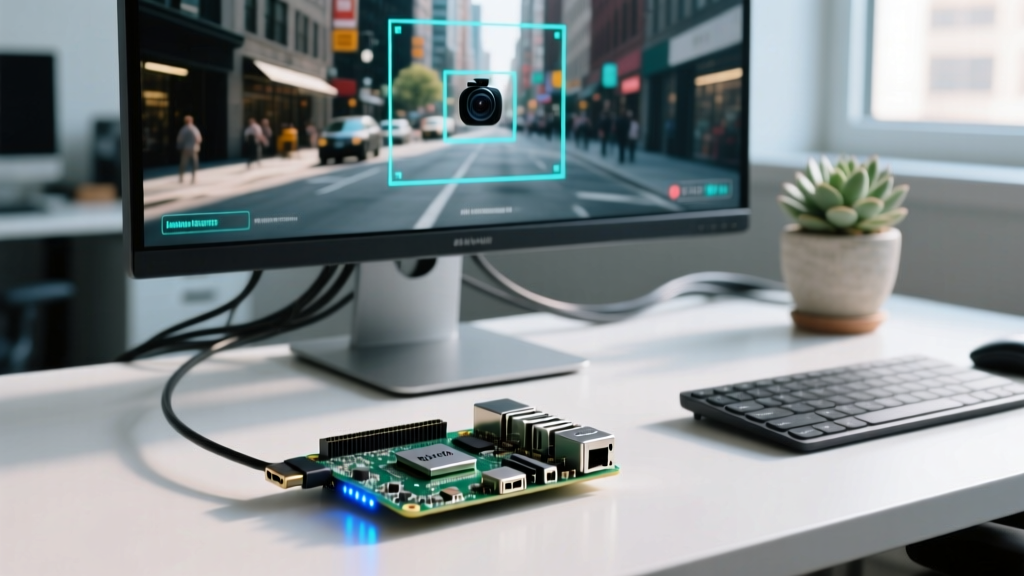 Raspberry Pi 5 with the M.2 Hailo AI kit attached, running a real-time object detection script on a connected monitor showing bounding boxes