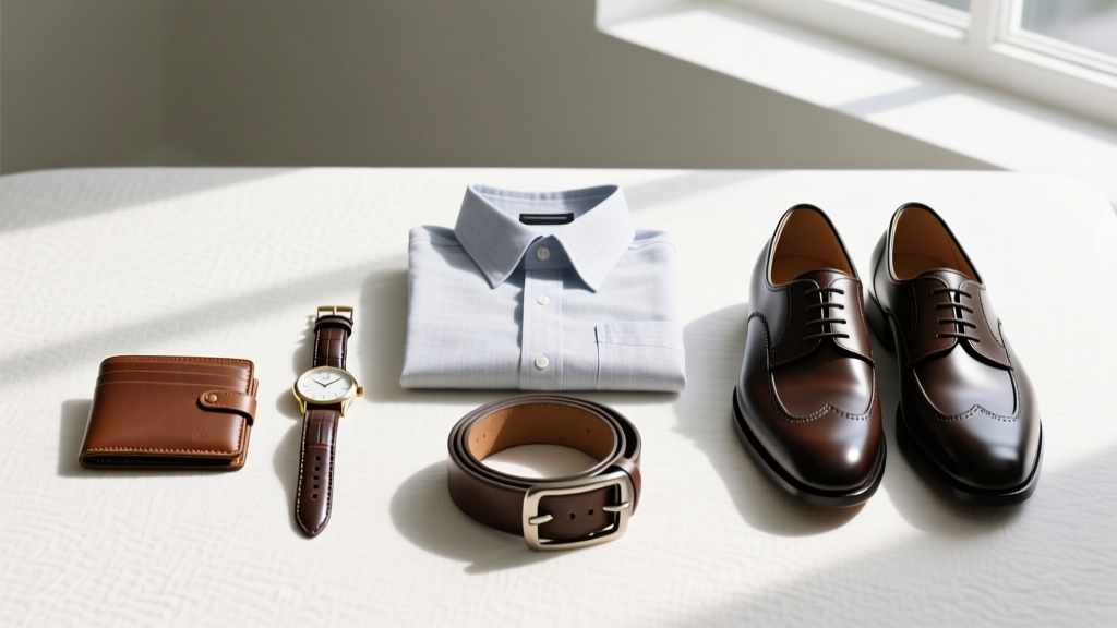 Flat lay of men's jewelry gifts including a 20-inch Cuban chain, a pinky signet ring, and a velvet box on a dark oak desk.