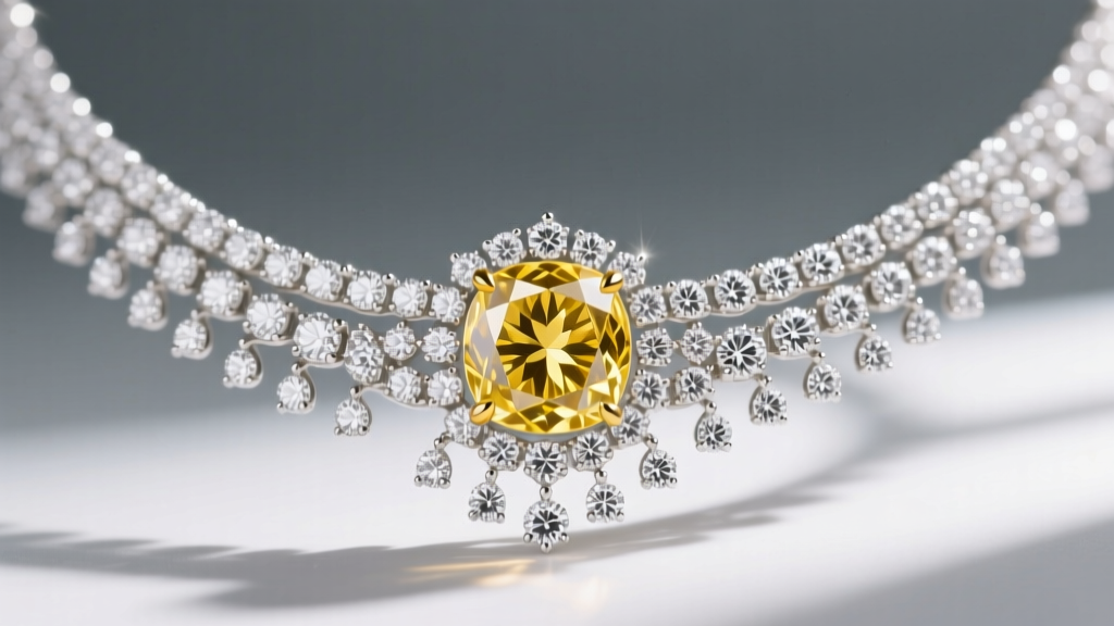 Close-up of a luxury high jewelry necklace with a large flawless yellow center diamond and intricate white diamond pavé setting.