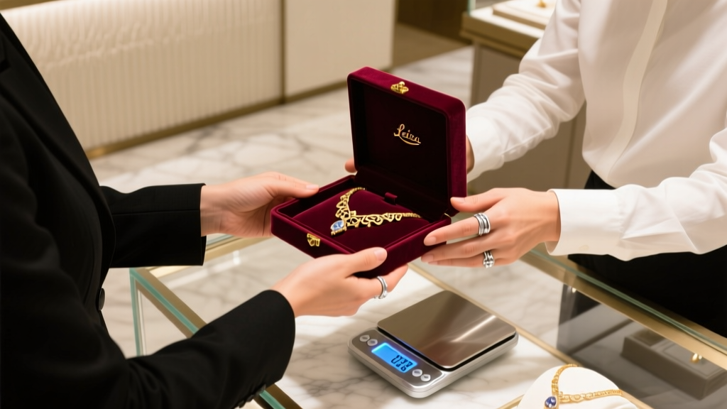 Over-the-shoulder view of a customer handing a velvet box of gold jewelry to a professional dealer holding a digital scale.