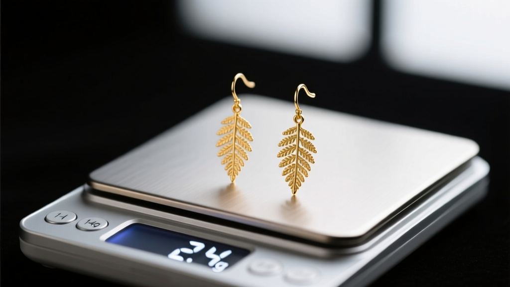 Close-up of a digital scale weighing delicate 14k gold fern leaf drop earrings, displaying exactly 2.4 grams on the bright screen