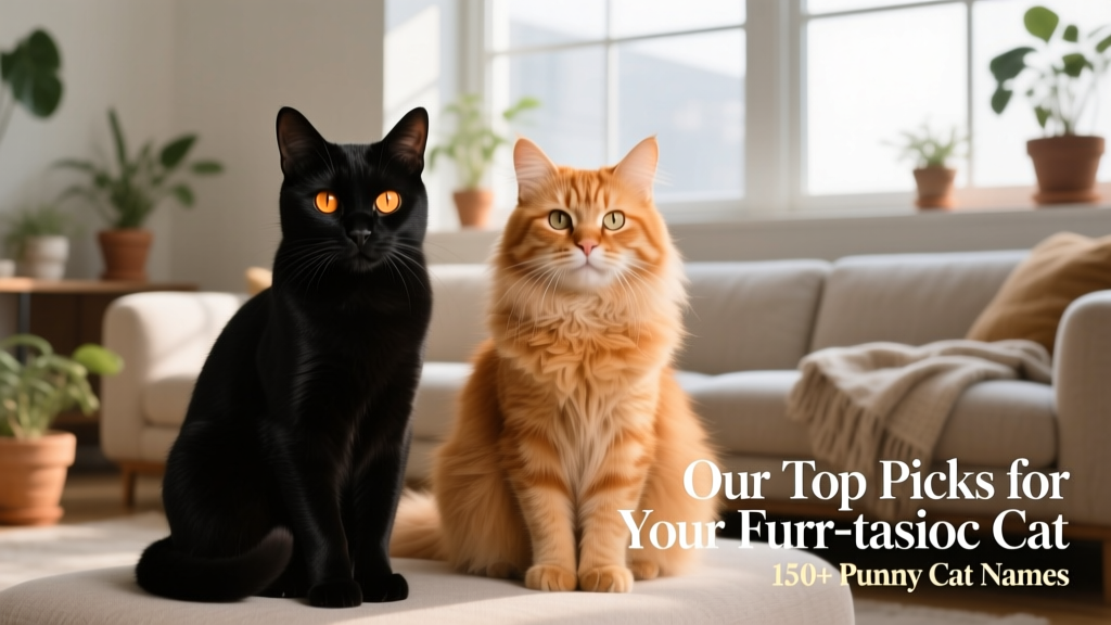 Two cats sitting side-by-side—one sleek black, one fluffy ginger—looking regal and camera-ready