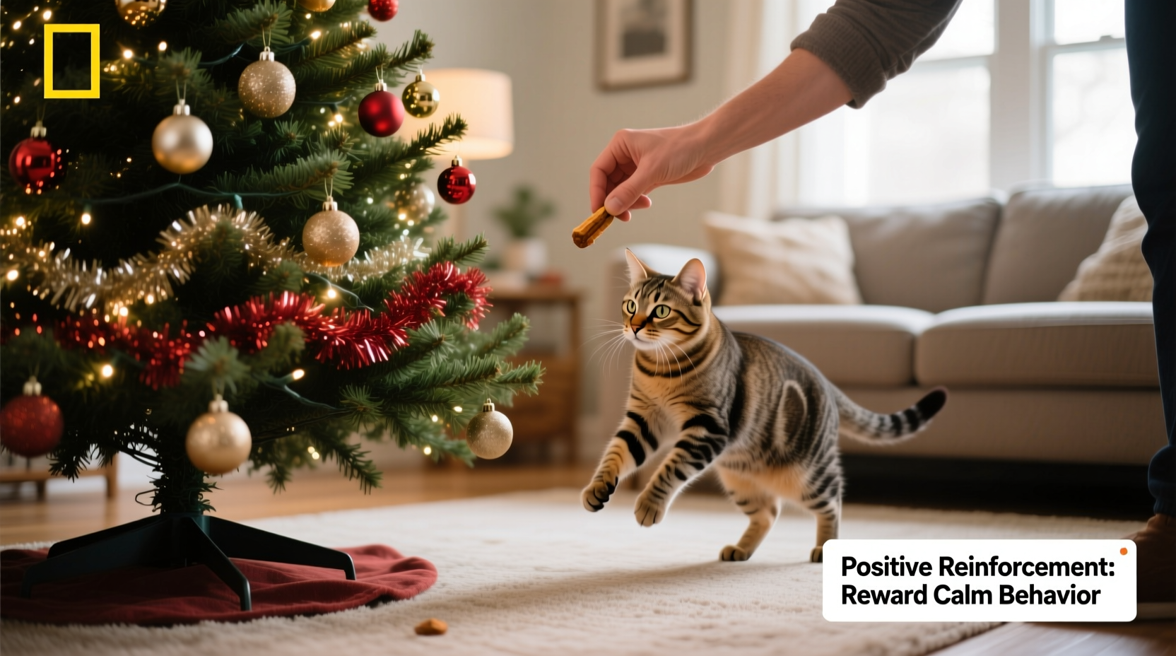 how to train cats to avoid jumping on decorated christmas trees using positive reinforcement