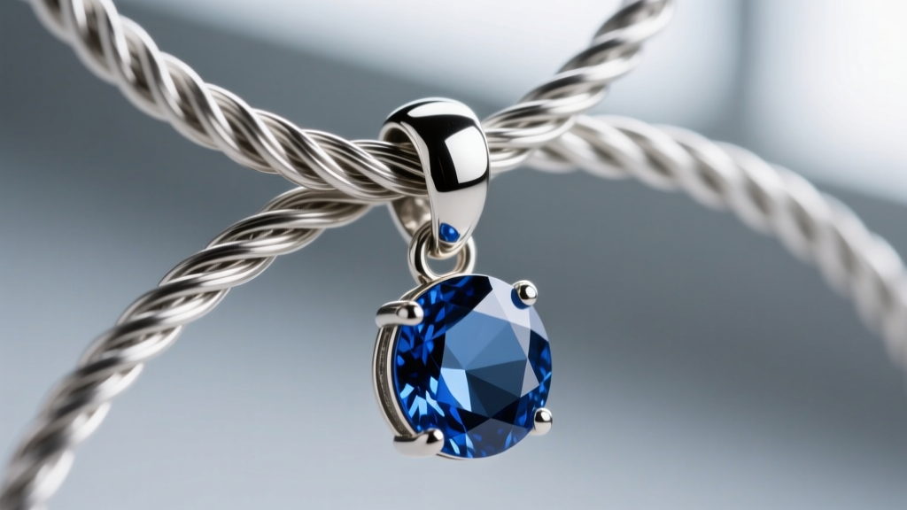 Macro shot of 20 lb test beading wire looped through a heavy sapphire pendant bail, secured with a silver crimp bead cover