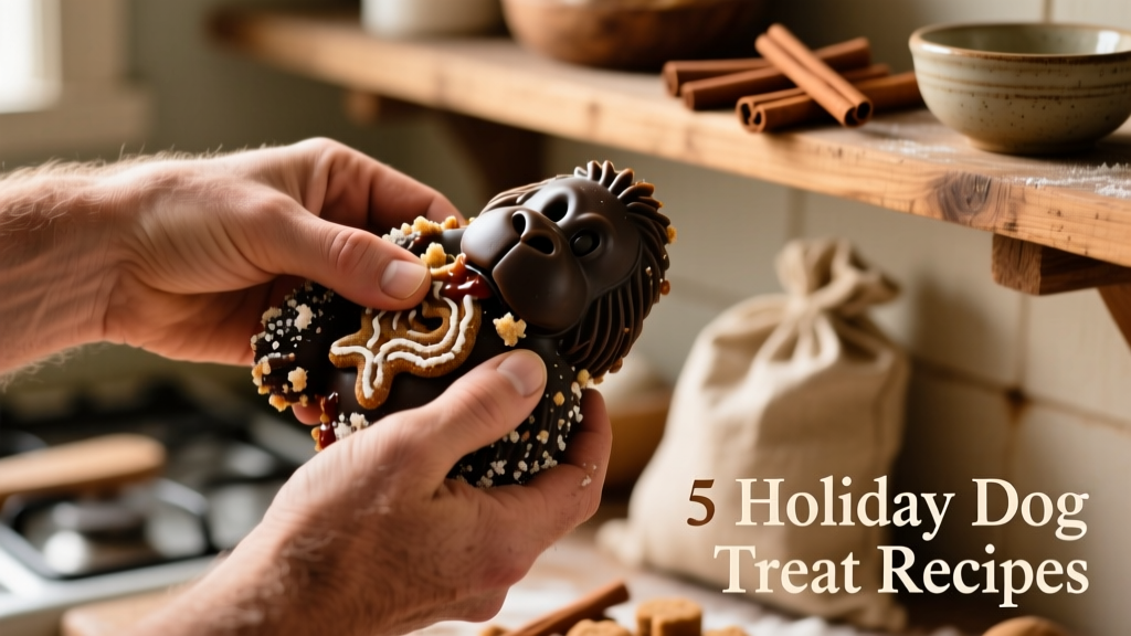 Close-up of hands stuffing a KONG toy with a dark, speckled gingerbread-style mixture