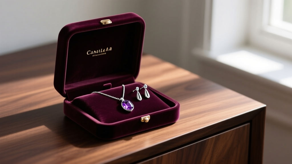 Open anti-tarnish velvet jewelry box containing a Canela amethyst pendant and silver earrings, resting on a dark wooden dresser