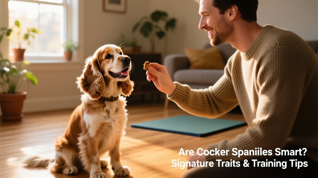 A smiling Cocker Spaniel sitting attentively beside its owner during a training session