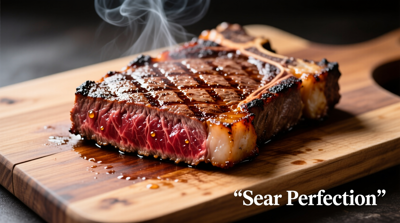 Perfectly seared New York strip steak on cutting board