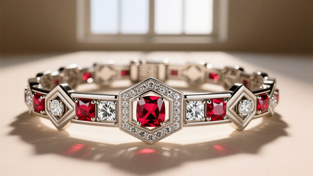Top-down macro view of calibre-cut rubies and old European cut diamonds channel-set in a geometric platinum Art Deco bracelet.