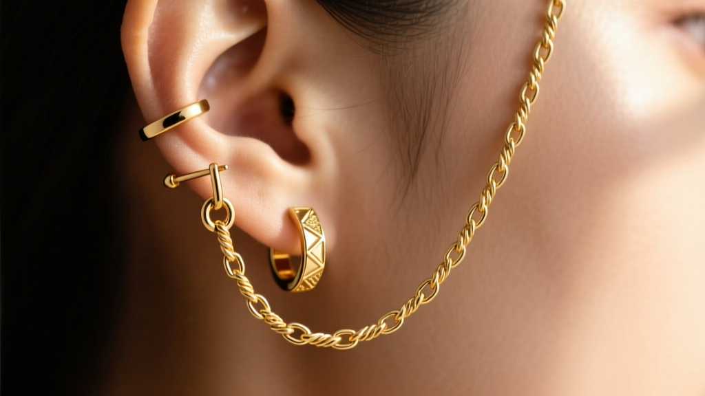 Close-up of 18k gold earrings with chain and cuff, showing a delicate cable chain linking a lobe stud to a cartilage cuff