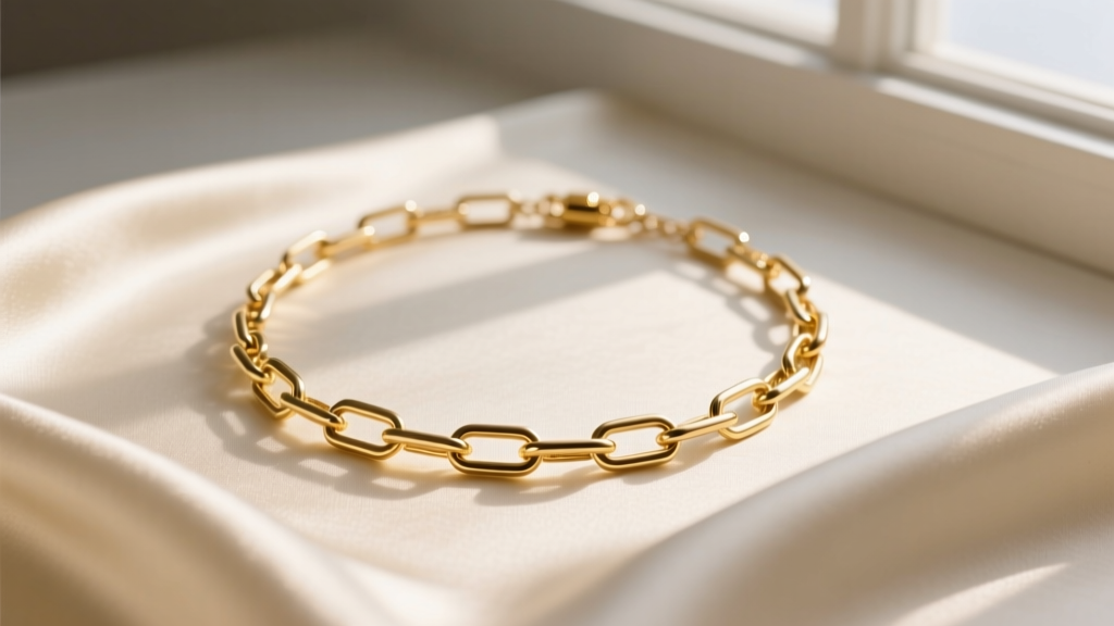Elegant flat lay of a gold vermeil designer inspired paperclip chain necklace on cream silk fabric with soft natural morning light.