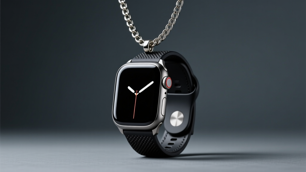 Apple Watch Ultra 2 pendant hanging from a 4mm titanium curb chain against a dark slate background, studio lighting