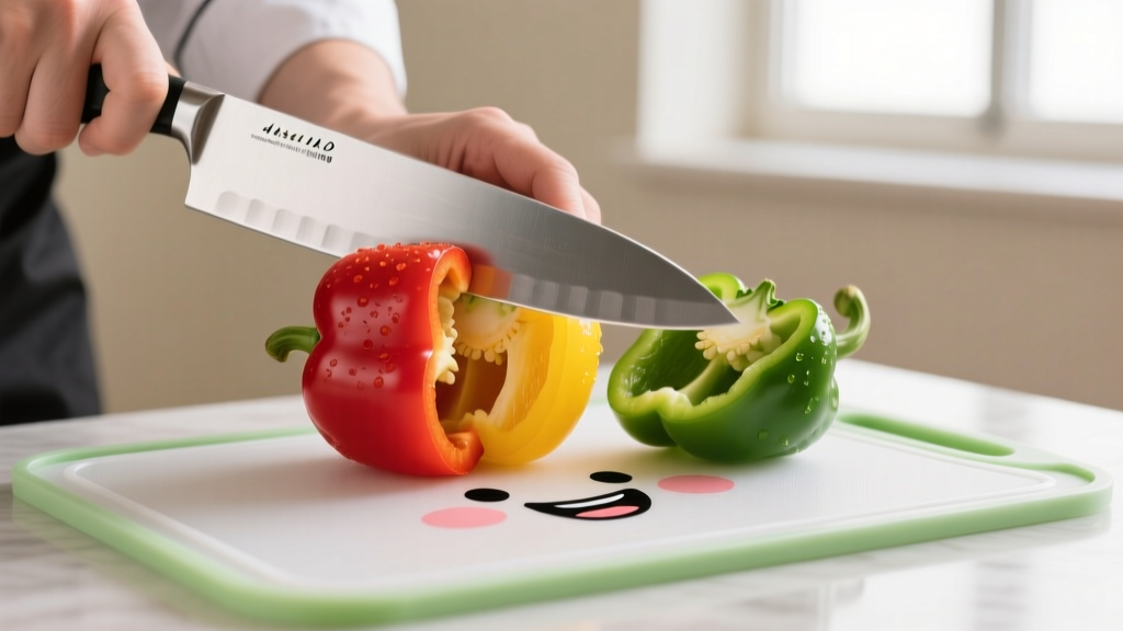 Chef knife slicing bell peppers on a thin flexible TPU novelty cutting board with a cartoon face design to demonstrate blade edge retention