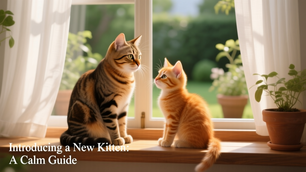 Two cats sitting side by side on a sunlit windowsill, calmly observing each other