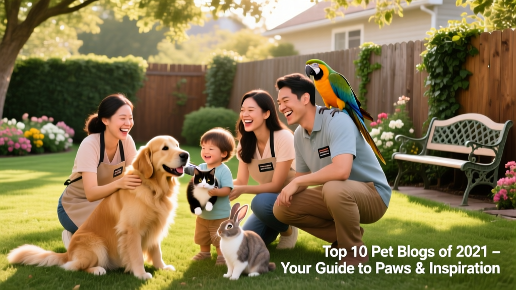Group of happy pet sitters and pets enjoying time together in a sunny backyard